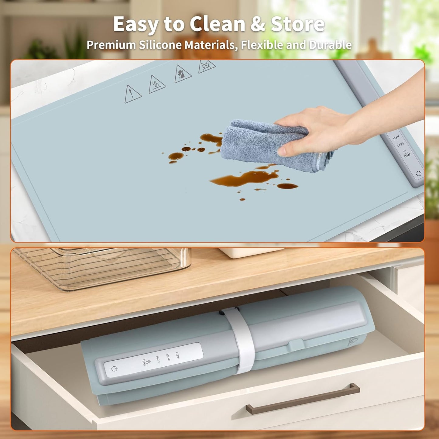 Food Warming Mat Electric Warming Tray, Fast Full Surface Heating with 3 Temperature Level, Rollable Silicone Heating Pad Food Warmer for Parties, Gatherings, Buffet, Countertop, Daily Use
