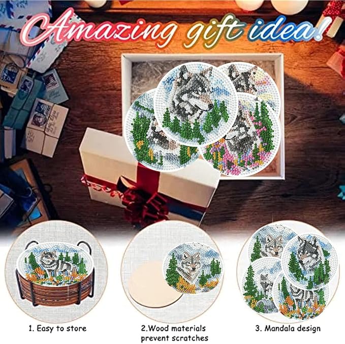 8 Pack Diamond Art Coasters, Wolf Forest animals Diamond Painting Coasters |