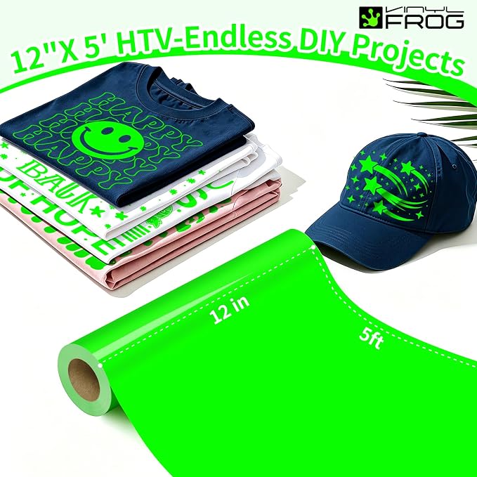 VINYL FROG Neon Green Heat Transfer Vinyl Roll 12" x5ft Matte HTV Vinyl | Neon