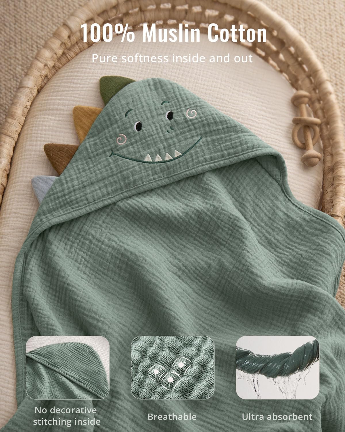 Blissful Diary Muslin Baby Hooded Towel, Soft and Absorbent Bath Towel for Newborn, Infant, Toddler, Unisex, 32″x32″ - Roguish Dino
