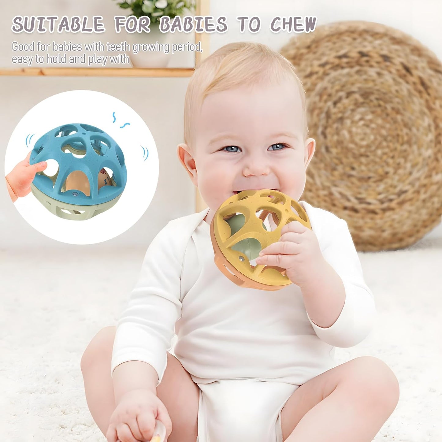 Sensory Rattle Balls Textured, Baby Teething Sensory Montessori Toys Soft Chew Toy with Rattles for Babies, Safe Wheat Straw Travle Toys, Developmental Newborn Baby Toys 6 to 12 Months