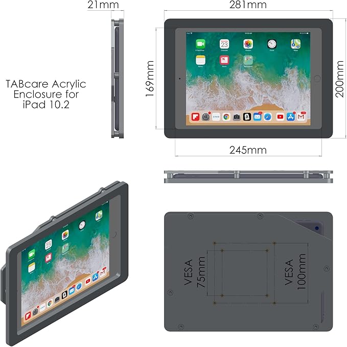 TABcare Anti-Theft Acrylic VESA Enclosure for Apple iPad 7/8/9 10.2" with Free Wall Mount Kit & 90-Degree Angle Charge Cable (iPad 7/8/9 10.2", Clear)