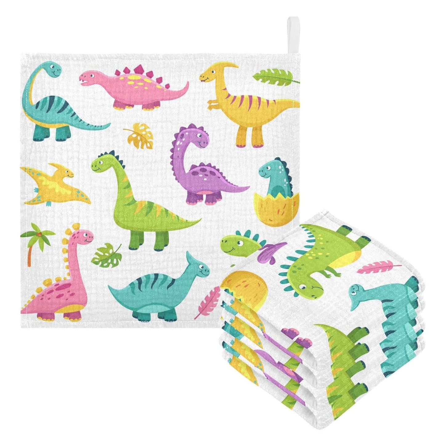 Cartoon Dinosaur Baby Muslin Washcloths Cute Burp Cloths Soft Absorbent Baby Wash Cloth Fingertip Face Towels for Newborn Boys Girls 12 x 12 in, 3 Pack