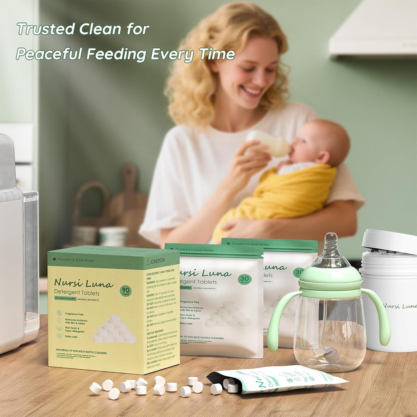 Detergent Tablets for All Brands Baby Bottle Washers, 90 Count Gentle Formula Baby Bottle Washer Tablets with Storage Container, Fast-Dissolving, Efficiency Removes Milk Residue & Odor