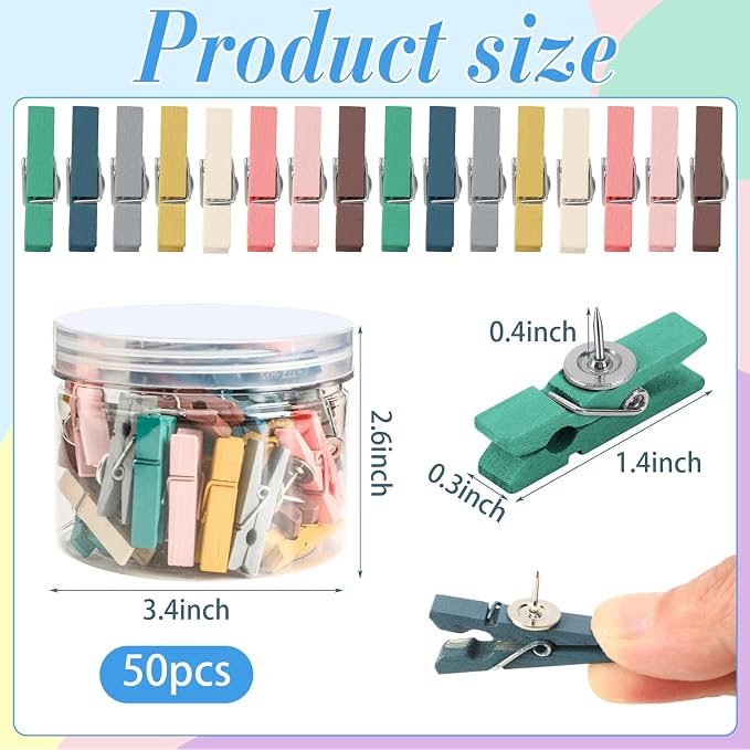 SANNIX 50Pcs Wooden Push Pin Clips, Morandi Wooden Clips