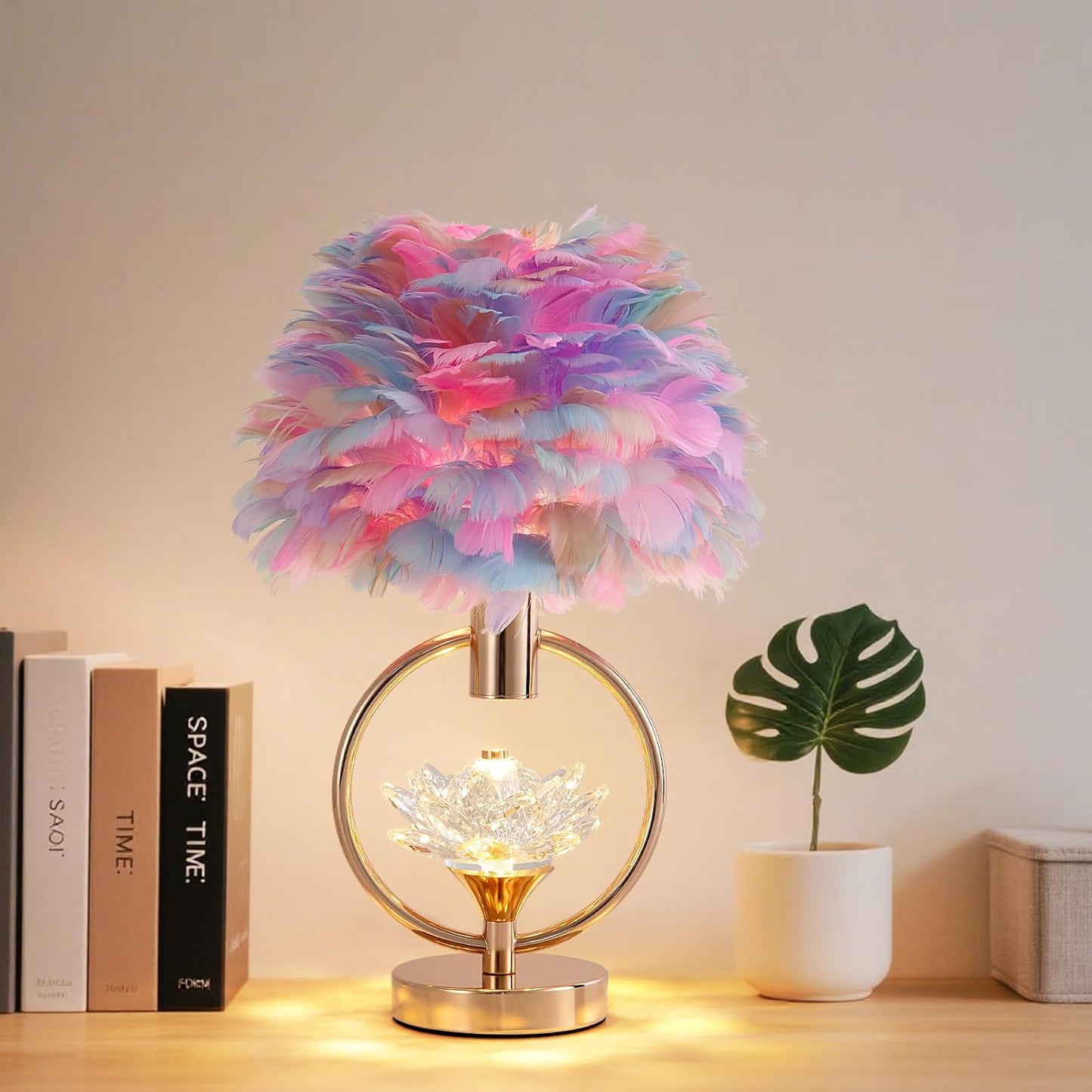 Colorful Feather Lamp Unique Feather Bedside Nightstand Light Goose Furry Desk Lamp Romantic Atmosphere Table Lamp for Girl Bedroom Wedding Decor Living Room Hotel 17IN