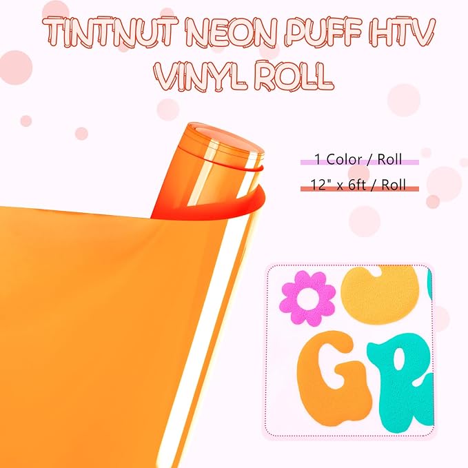 Tintnut Princeton Orange Neon Puff HTV Vinyl Roll, easy cut & weed, stretch
