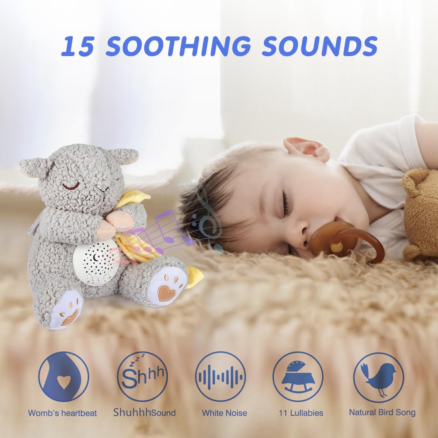 BEREST Rechargeable Baby Sleep Soother, Mom's Heartbeat Babies Cry Sensor Lullabies & White Noise Sound, Nursery Decor Night Light Projector Toddler Crib Sleeping Aid, Boys & Girls Shower Gifts
