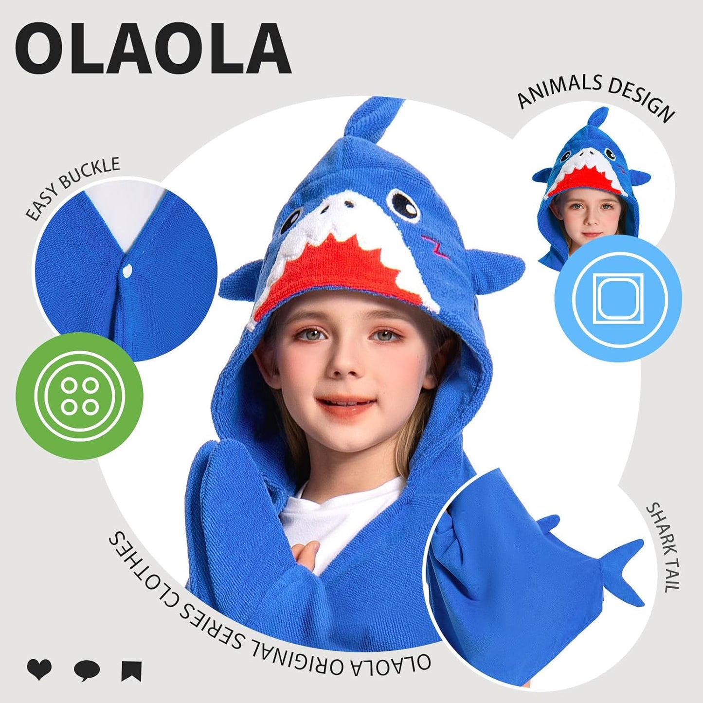 OLAOLA Shark Hooded Towel for Kids 3-12 Years, 28" x 53" Soft Thick Absorbent Beach Towels, Toddler Bath Towel Wrap, Swim Pool Towels Poncho for Boys Girls