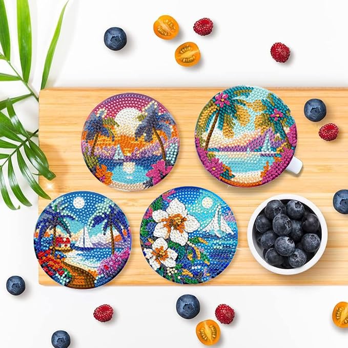 EWJRNSF 8 PCS Beach Diamond Art Coasters DIY Kit