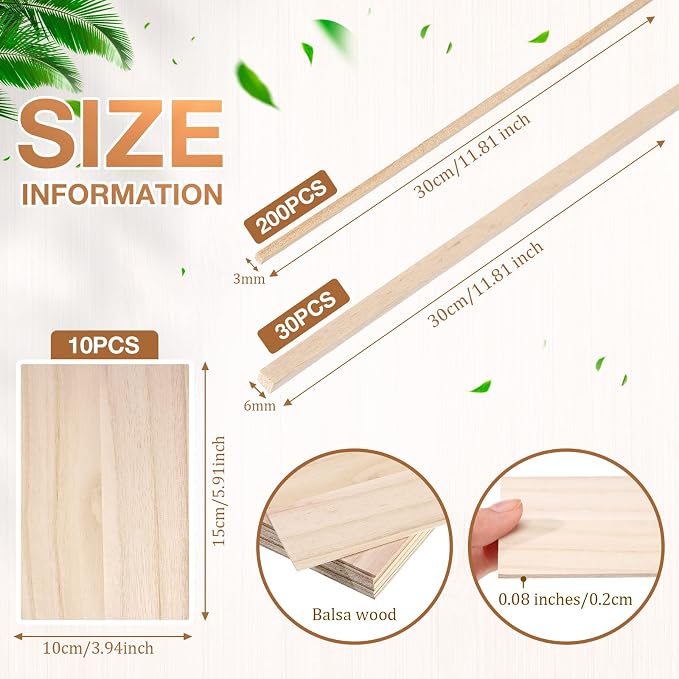 240 Pieces Balsa Wood Sticks Hardwood Square Wooden Craft Dowel Rods Unfinished