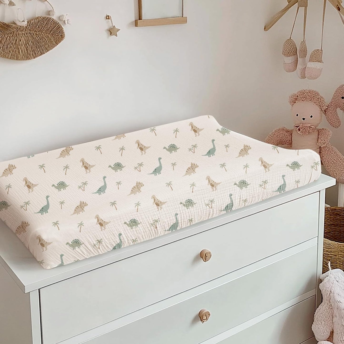 Konssy 2 Pack Muslin Changing Pad Covers for Boys, Ultra Soft & Breathable Cotton Baby Diaper Changing Table Covers, Neutral Nursery Diaper Changing Pad Sheets (Dino Jungle,Sage Dino