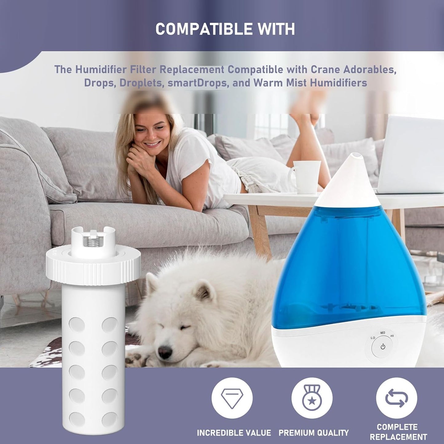 Ontheone Humidifier Filter Replacement Compatible with Crane Teardrop Humidifiers, Adorables, Drops, Droplets, smartDrops, and Warm Mist Humidifiers, Universal Humidifier Filter, 4 Pack