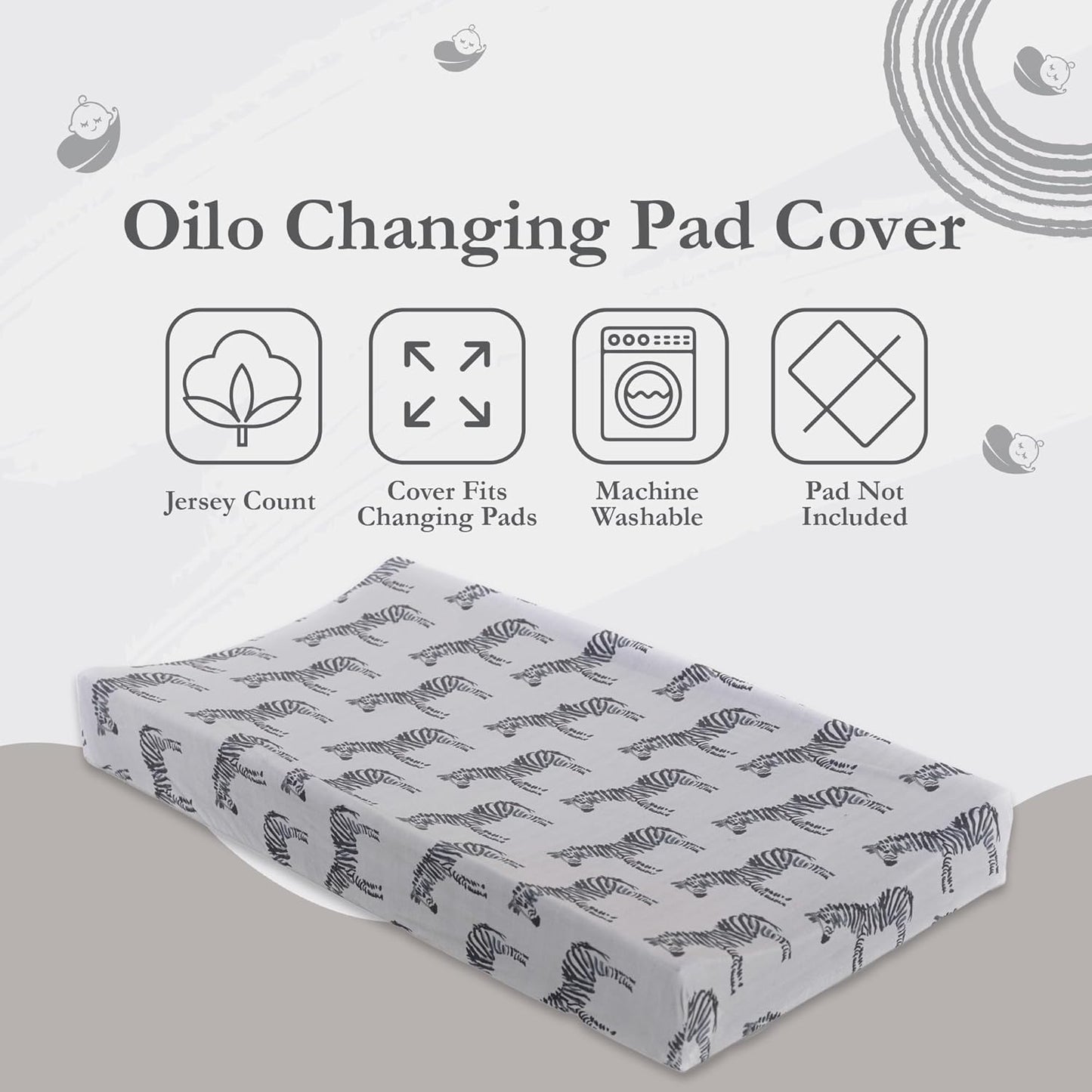 Oilo Changing Pad Cover, Breathable 100% Turkish Cotton Fitted Jersey, 300 Thread Count, Machine Washable, Fits Standard Changing Pads (32" x 16"), Girl, Boy, & Neutral Nursery Design, Gray Zebra