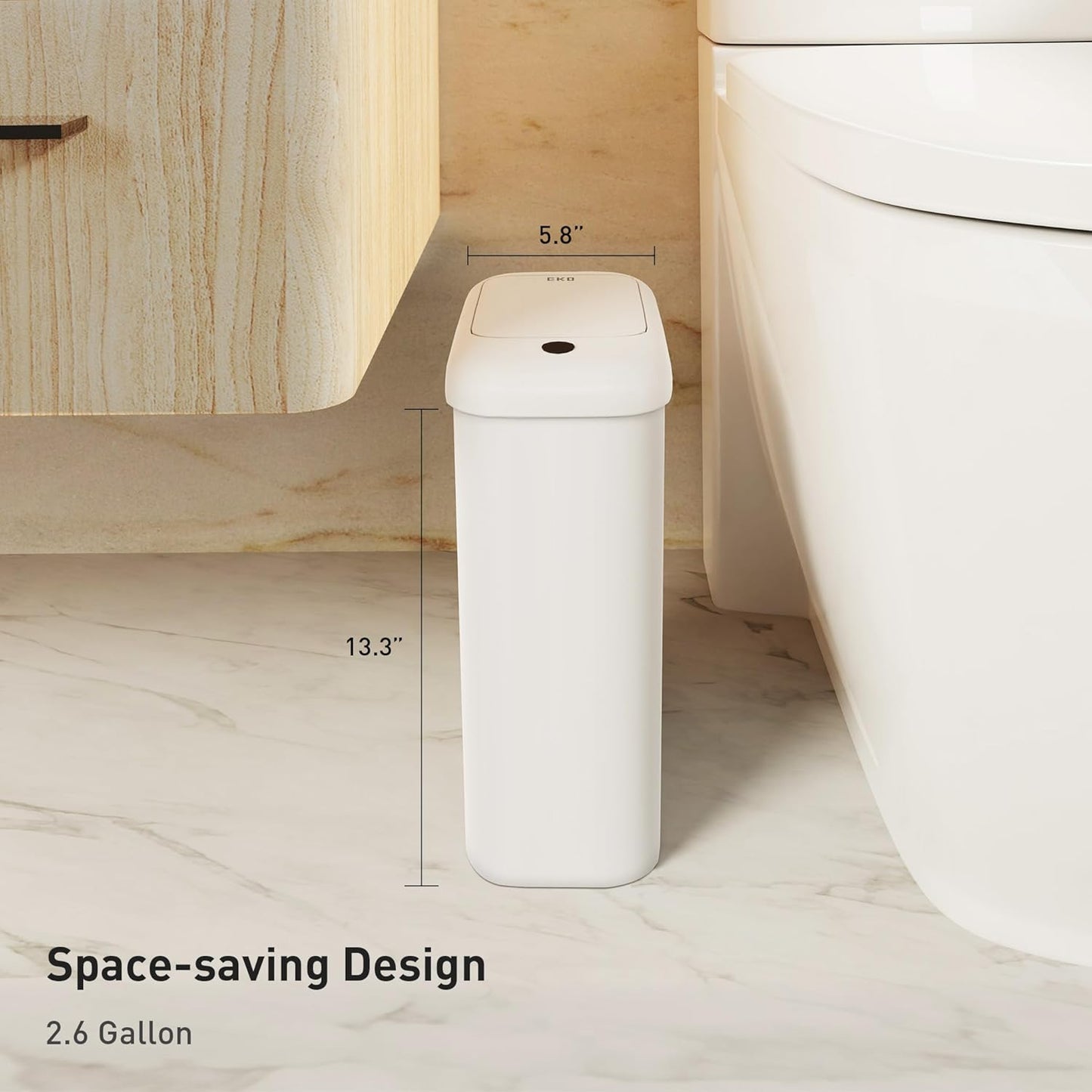 EKO Automatic Bathroom Trash Can with Lid, 2.6 Gallon Slim Touchless Garbage Can, Waterproof Motion Sensor Trash Bin for Bathroom, Office, Kitchen, White