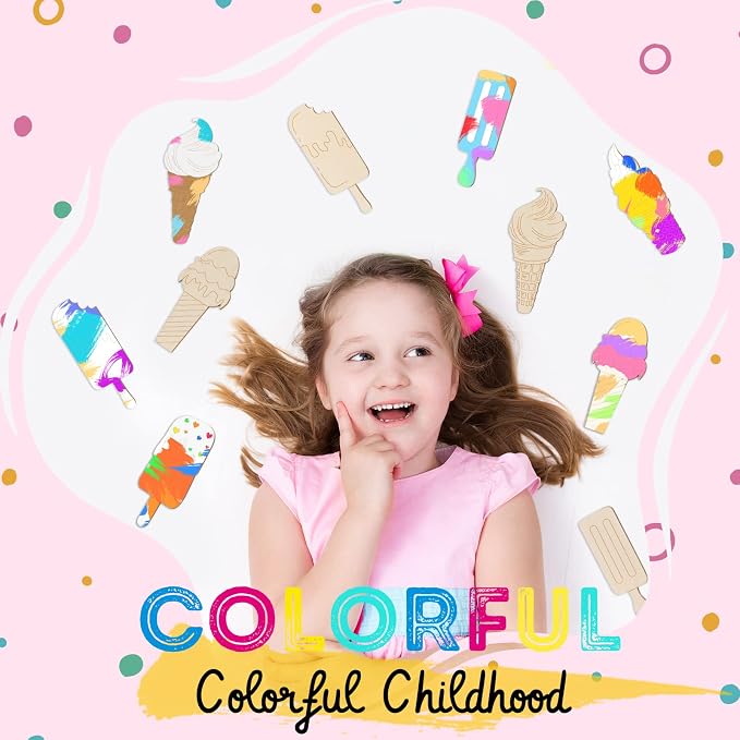 Chunful 30 Pieces Ice Cream Wood Cutouts Crafts Bulk Color Your Own Ice Cream