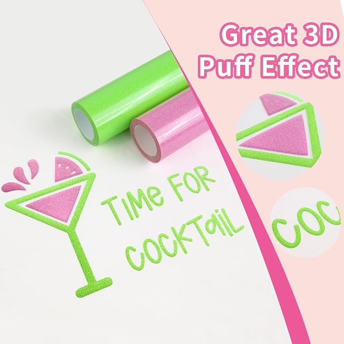 Glitter Puff Vinyl Heat Transfer, Neon Pink Puff HTV Iron on Vinyl 12" x5ft |