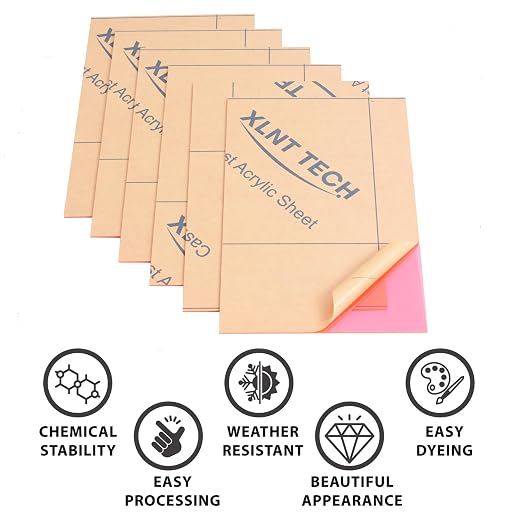 6 PCS Transparent Pink Cast Acrylic Sheets 8" x 12" x 0.118", Plexiglass
