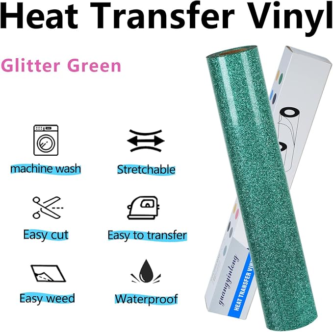 guangyintong Heat Transfer Vinyl Glitter Green HTV Rolls, Glitter HTV Vinyl