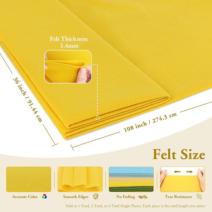 Yellow Felt Fabric Sheet 108" X 36", 1.4mm Thick Large Soft Durable Flexible