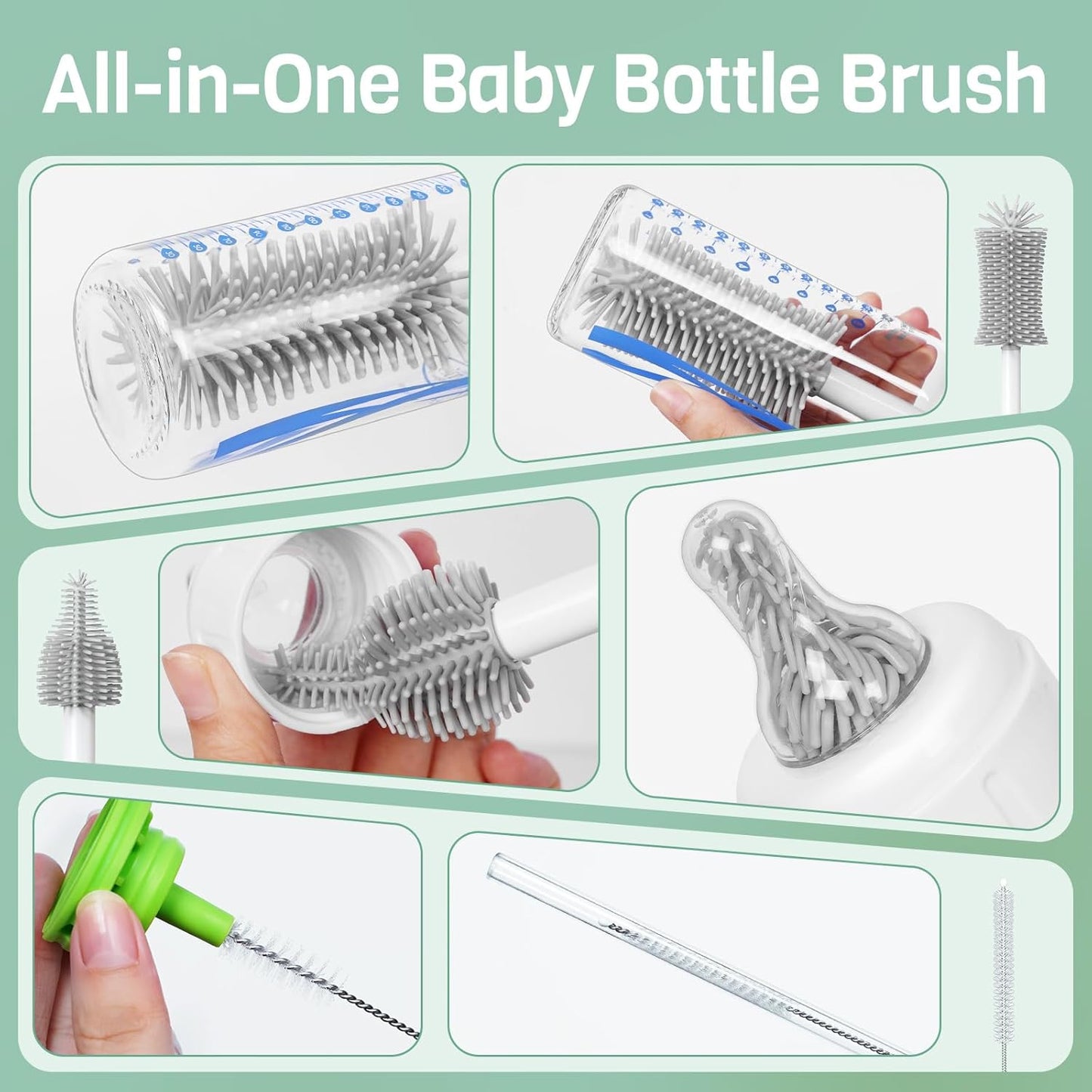 SEANCHEER S02 Electric Bottle Brush Set, Portable Baby Bottle Brush Cleaner, AA Battery-Powered & IPX7 Waterproof, with Silicone Bottle/Nipple/Sponge/Straw Brush, for New Parents (Extra-Long)