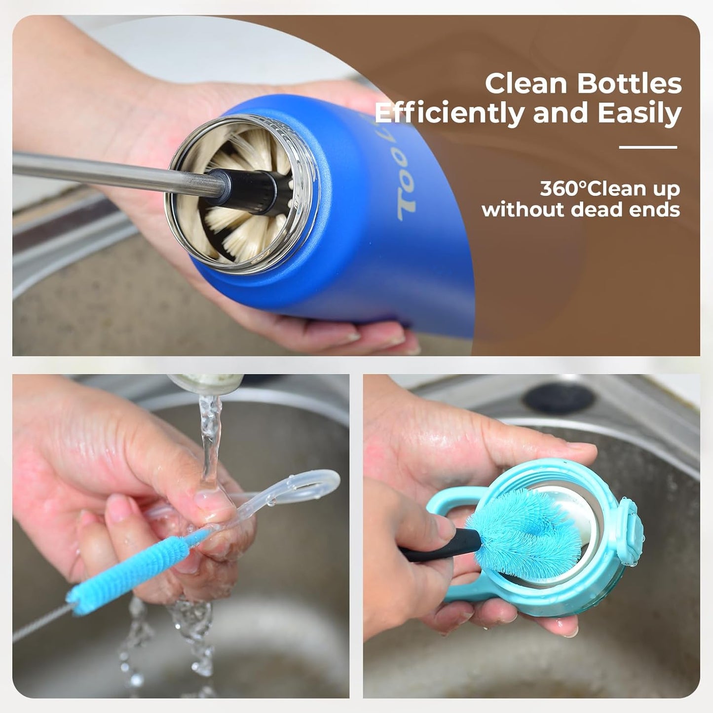 4-in-1 Water Bottle Brush Cleaner, Bottle Brush & Straw Cleaner Brush, Long Handle Water Bottle Scrubbing Brush with Replacement Brush Head for Narrow Bottle,Coffee Mugs,Tumblers,Straws, Lid Cleaning