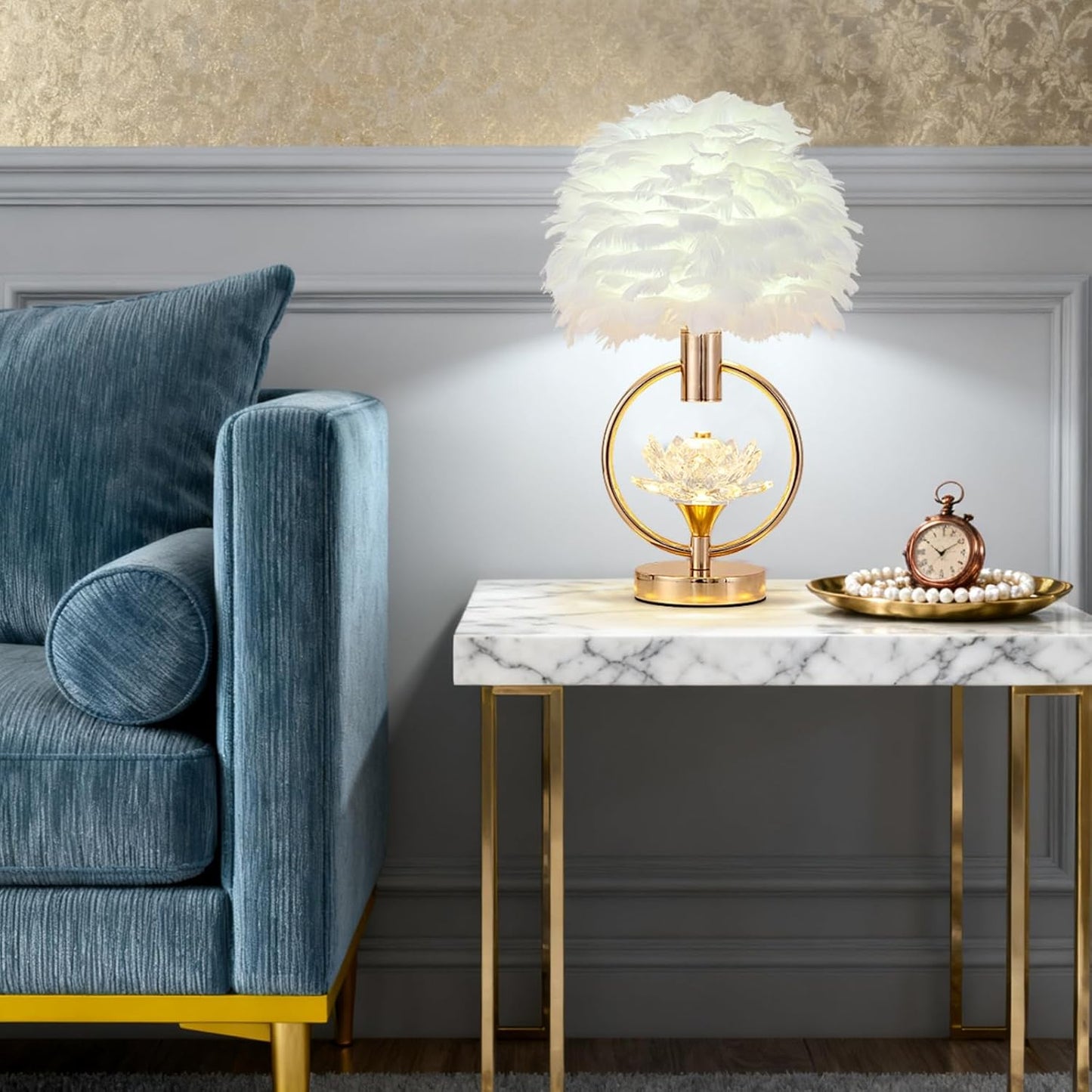 ZYLEIESENBAO Chic White Feather Lamp 17IN Modern Crystal Fluffy Table Lamp Cute Romantic Bedside Nightstand Light Nordic Furry Desk Lamp for Girl Bedroom Living Room Entry Office Hotel Party Wedding