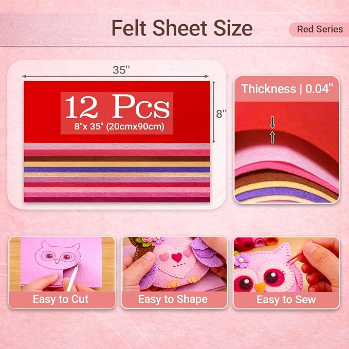 Large Stiff Felt Sheets 8"x35" – 12 Assorted Colors Felt Fabric Bundle Pack