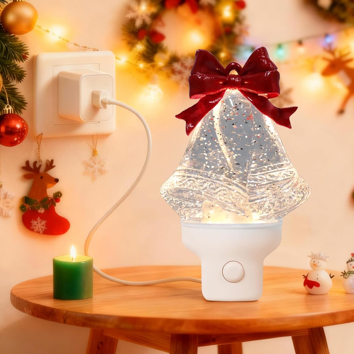 Christmas Night Light Plug into Wall Swirling Glitter USB Portable Christmas Decorative Night Light Decoration for Kids Adults Bedroom Kitchen Living Room Holiday Decor (Bells)