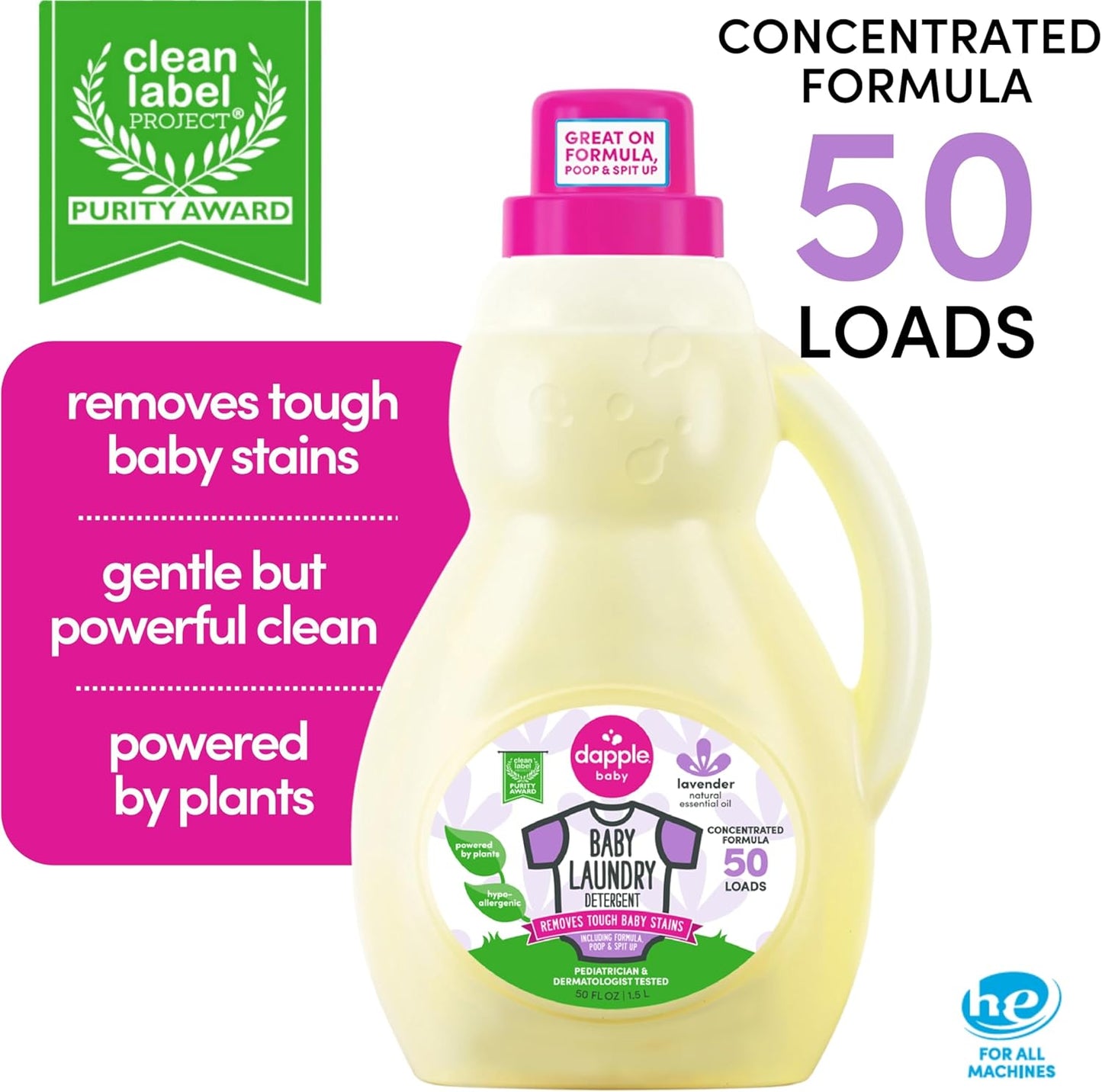 Dapple Baby Laundry Detergent, Powered by Plants, Concentrated, Hypoallergenic, Lavender, Stain Remover, 50 Fl Oz (2 Pack)
