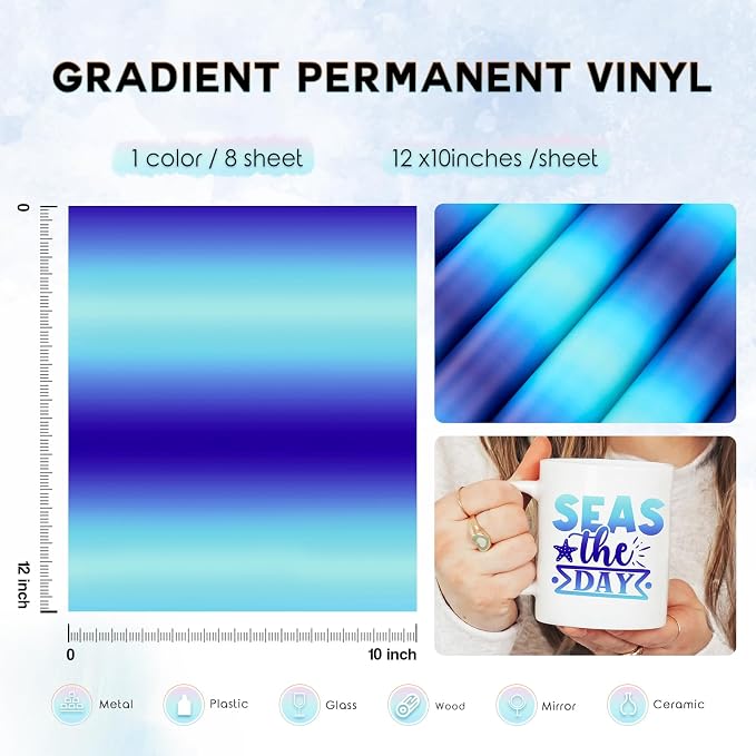Tintnut Gradient Blue Permanent Vinyl 8 Pcs12x10in Self Adhesive Vinyl |