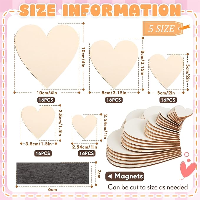 Qunclay 80 Pcs 5 Sizes Wooden Heart Magnets