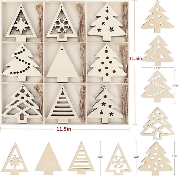 MACTING 27PCS Wooden Christmas Ornaments Unfinished Predrilled Natural Wood