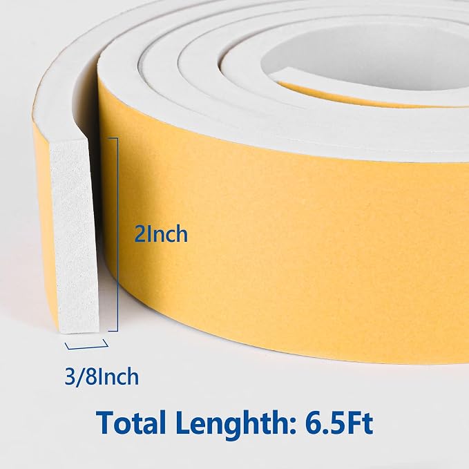 Kikerike Self Adhesive Foam Tape Weatherstrip 2in x 3/8in x 6.5Ft High Density