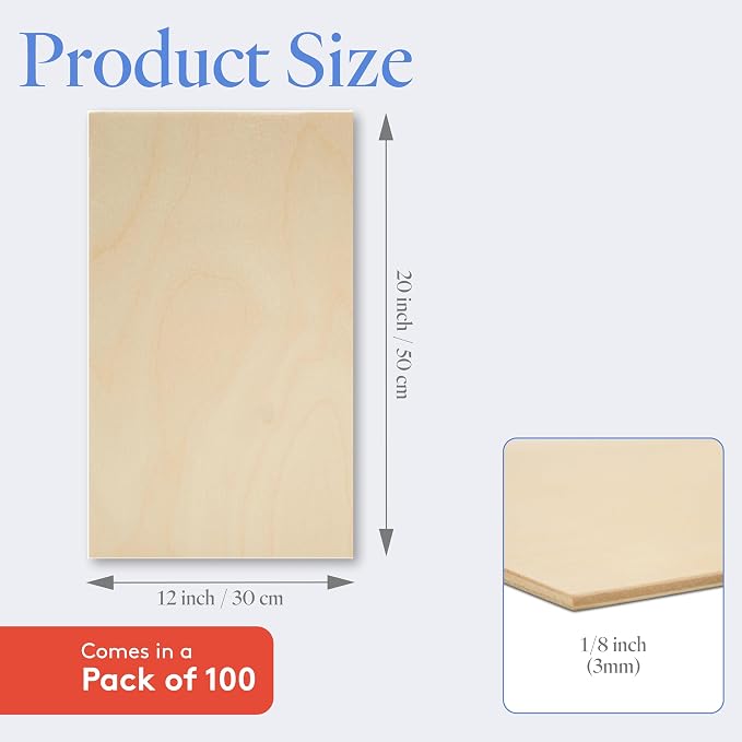 Baltic Birch Plywood, 3 mm 1/8 x 12 x 20 Inch Craft Wood, Box of 100 B/BB Grade