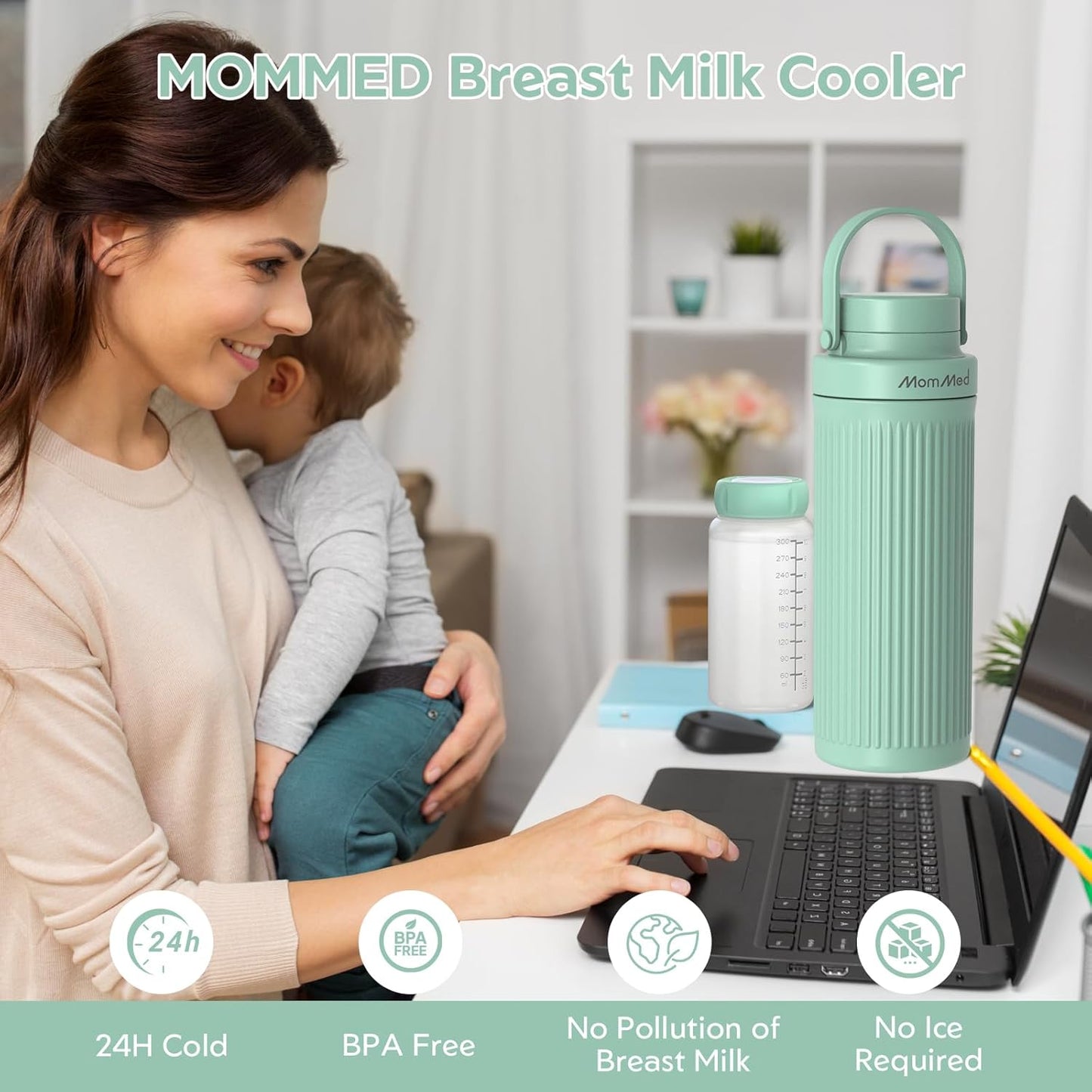 MOMMED Breast Milk Cooler 22oz for Travel & Work– 24H 360° Long-Lasting Cooling, Dual Storage Bottles Double as Baby Bottles, Compatible with Standard Nipples & Manual Breast Pumps, BPA-Free, TSA