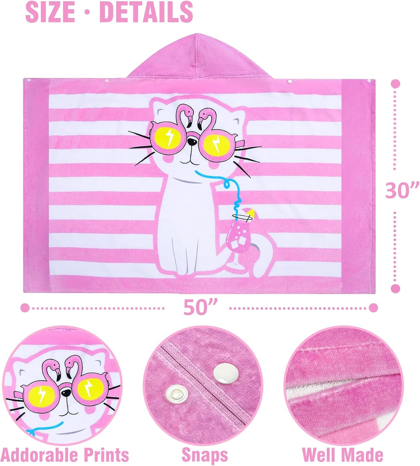 Kids Hooded Bath Towel-Soft Thick 100% Cotton Hooded Beach Towel for Kids 3-10 Years,Absorbent Fast-Drying Cute Toddler Bath & Swim Towel,for Boys & Girls 30"x50"(cat Pink)