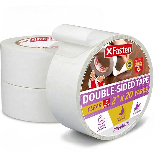 XFasten Removable Double Sided Tape Clear 2 inch x 20 Yards Transparent