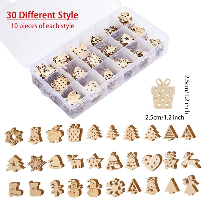300 Pieces Unfinished Mini Wooden Christmas Ornaments DIY Wooden Christmas