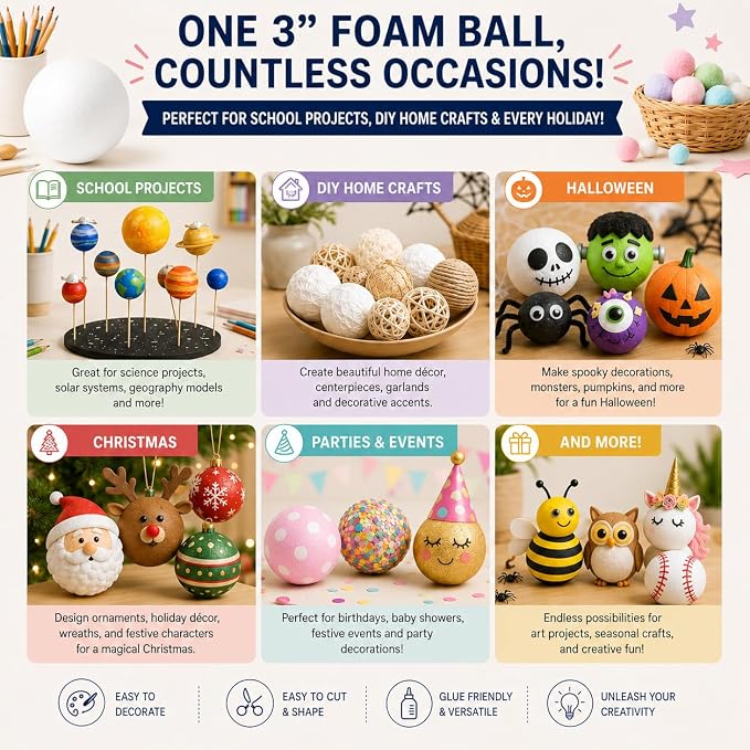 Evershine 50 Pack 3 Inch Craft Foam Ball