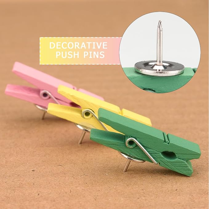 50 PCS Wooden Clips Push Pins Tacks