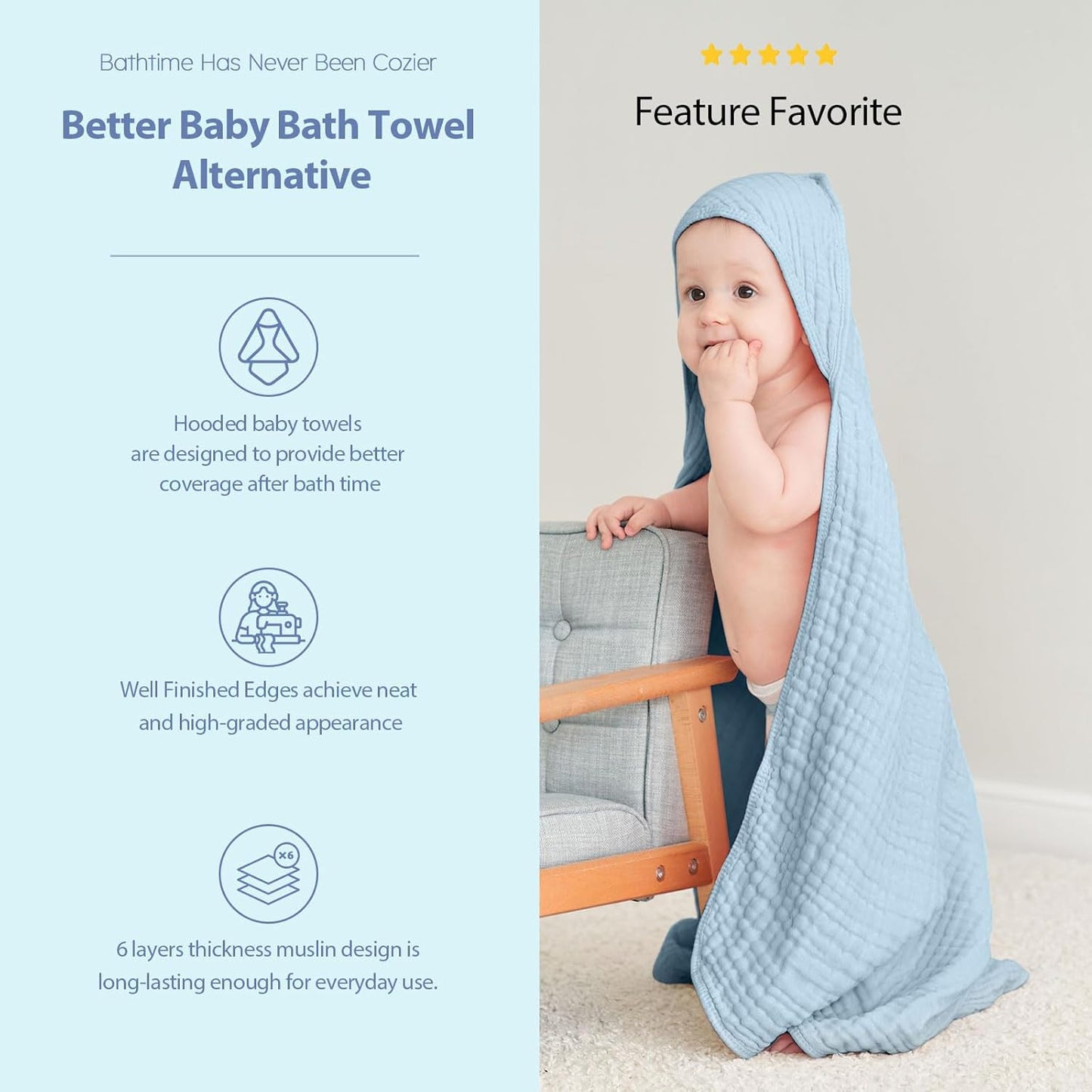 Hooded Baby Towels for Newborn - 2 Pack, 100% Muslin Cotton, Baby Bath Towels with Hood, Soft and Absorbent for Boys, Girls Infant, Toddler and Kids, Large 32x32 Inches, Newborn Essential