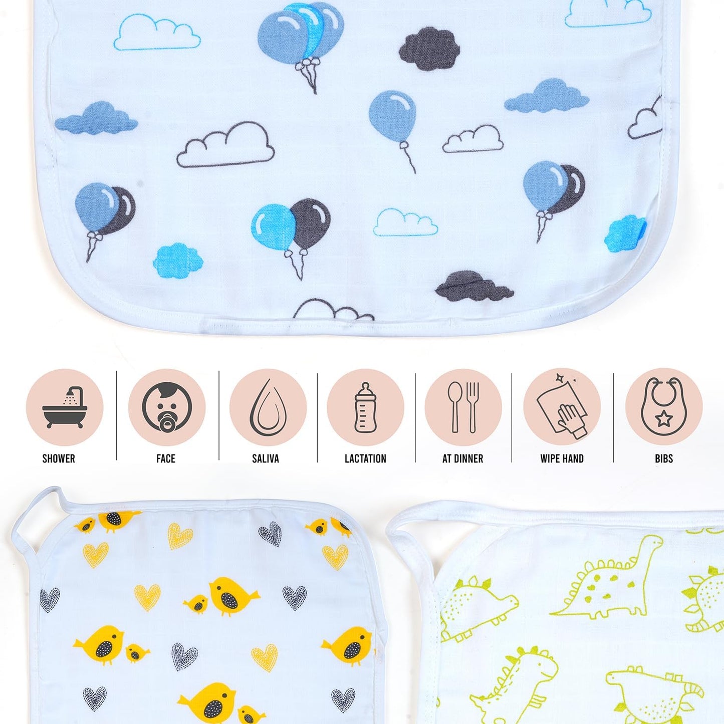 T 100% Organic Muslin Cotton Baby Washcloths - GOTS Certified - complies with CPC - Pack of 6 (White Base, Sea2Sky)