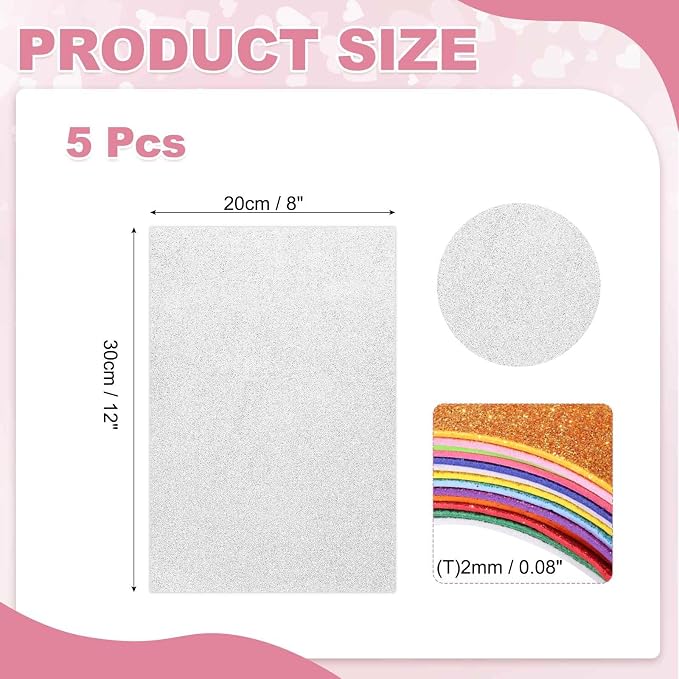 MECCANIXITY 5 Sheets Silver Shiny Foam Sheets, 8 Inch x 12 Inch Sparkle EVA