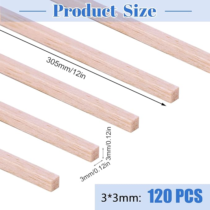 120Pcs Balsa Wood Sticks 1/8 x 1/8 x 12 inch Wood Strip Square Wooden Dowel |