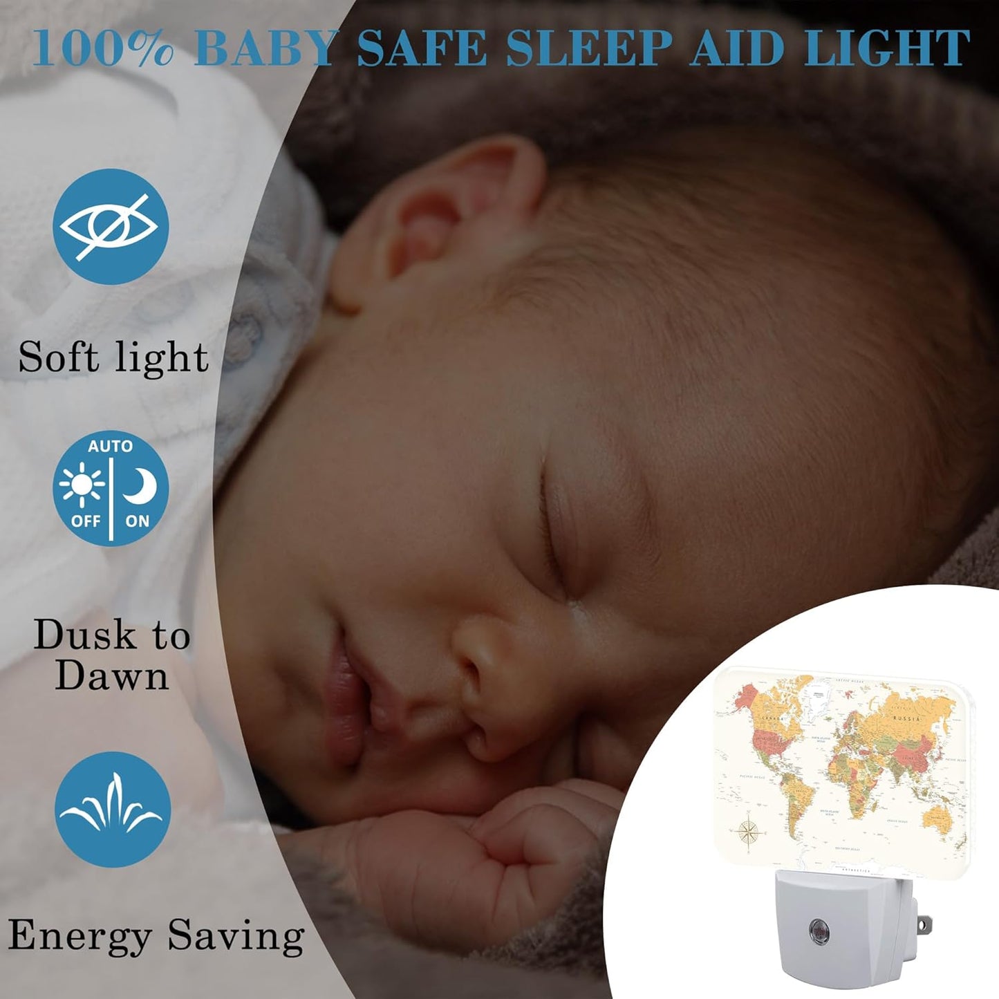 Vintage Yellow World Map Night Light for Kids, World Map LED Night Light Plug into Wall with Dusk to Dawn Sensor for Girls Boys Women Men Bedroom, Hallway, Kitchen, Bathroom, Stairs Decor