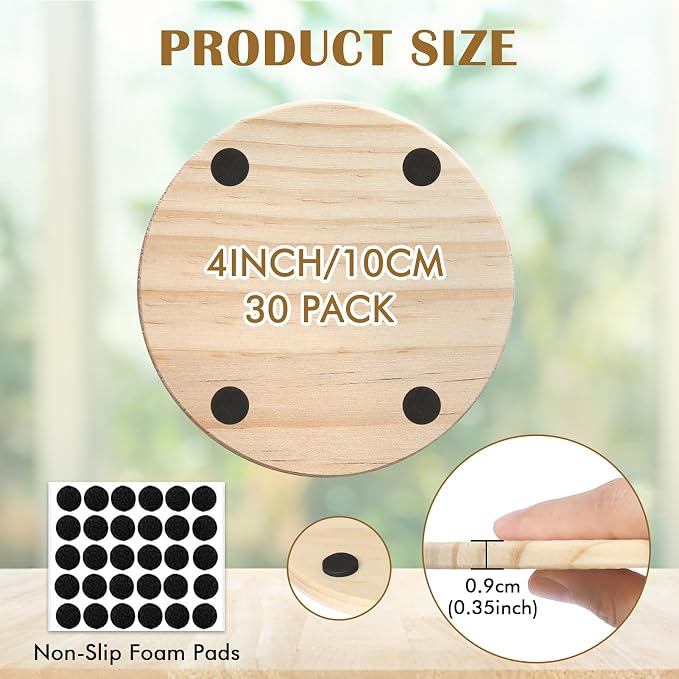 30 Pieces Unfinished Wood Coasters, 4 Inch Round Blank Wooden Coasters
