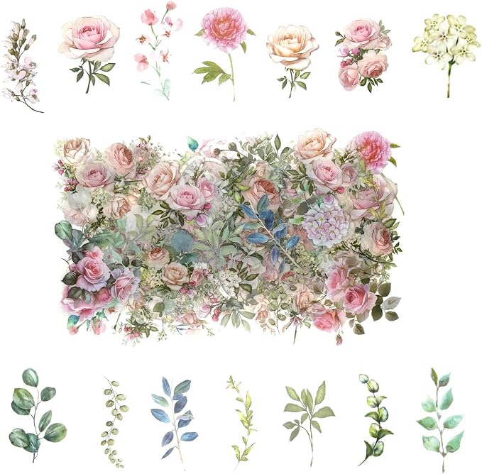 100 Pcs Pink Flower Stickers for Scrapbooking Junk Journal Notebook Diary