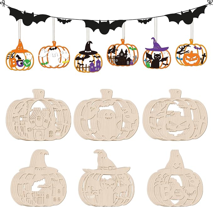 24 PCS Unfinished Wooden Halloween Crafts, Pumpkin Shaped Hanging Ornaments DIY