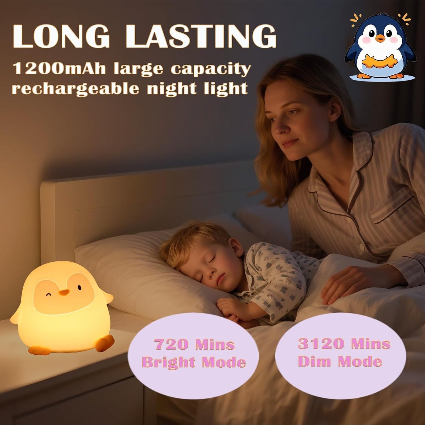 Penguin Night Light with Squishy Soft Silicone, RGB Flashing Color, Dimmable Rechargeable Portable Touch Penguin Gifts Decor for Girls Boys